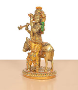 Krishna flute figurine on cow, brass with colorful meenakari patterns