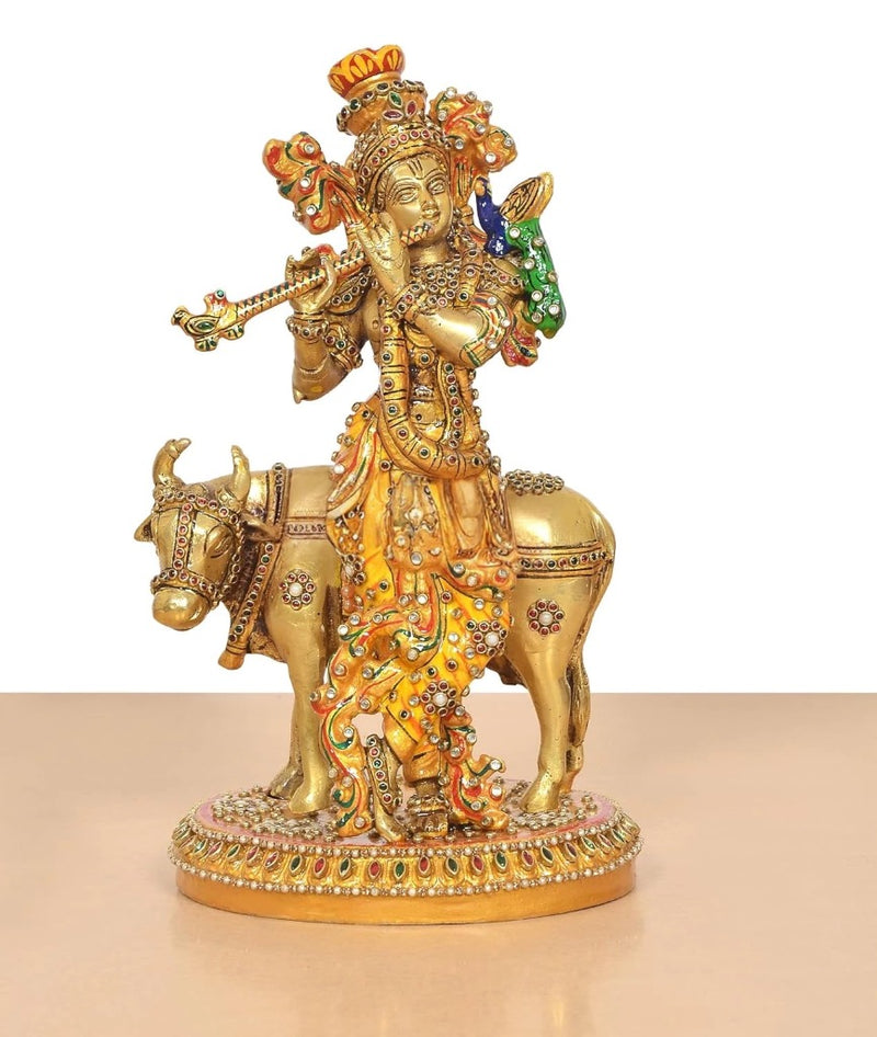 Brass Lord Krishna Playing Flute with Cow Sculpture (Height 10 Inch)