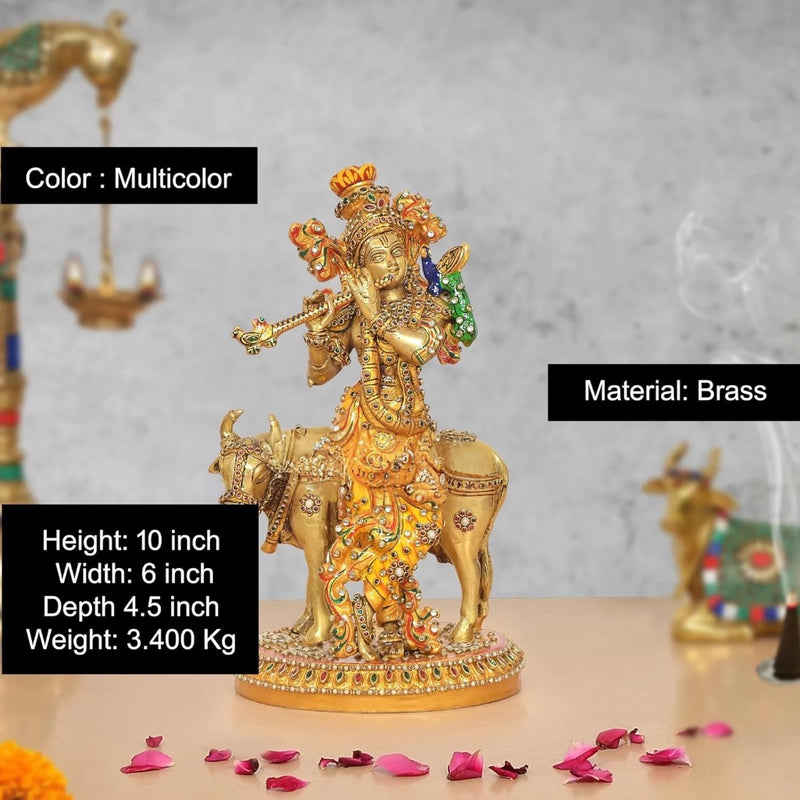 Brass Lord Krishna Playing Flute with Cow Sculpture (Height 10 Inch)