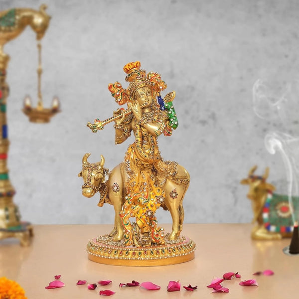 Brass Lord Krishna Playing Flute with Cow Sculpture with Meenakari Work(Height 10 Inch)