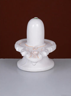 White marble Shiv lingam sculpture on circular base with seated Nandi design