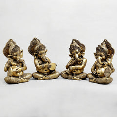 Brass Ganesh musicians set, four seated statues with instruments and playing hand poses