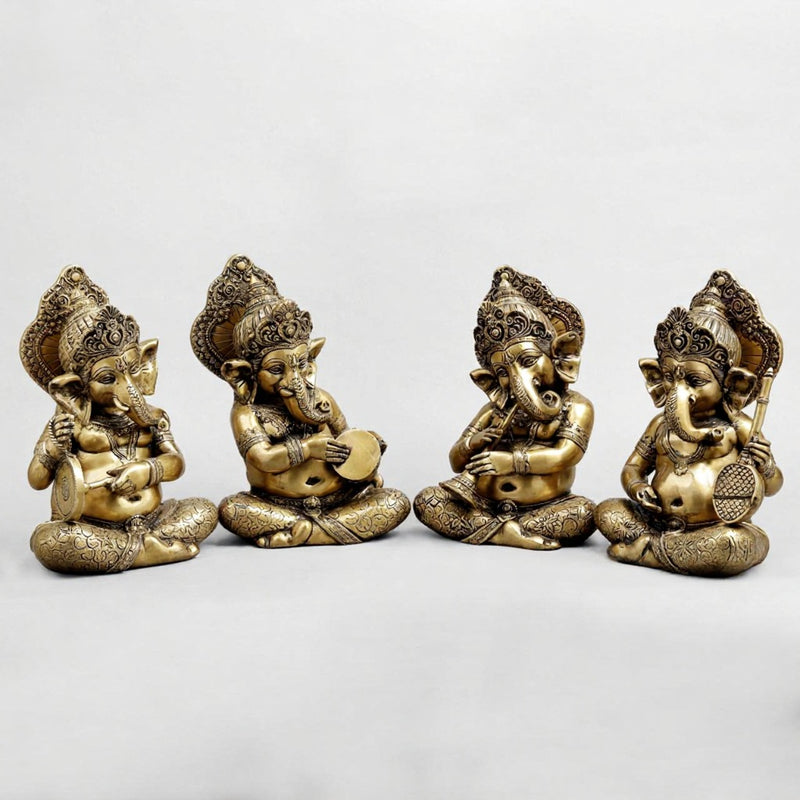 Brass Ganesh Musicians Set Statue (Height: 12.5 Inches)