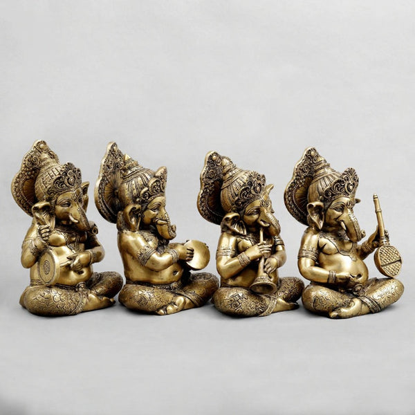 Brass Ganesh Musicians Set Statue (Height: 12.5 Inches) Study Setting