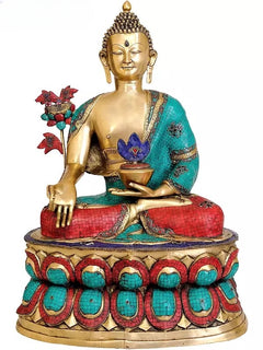 Front view: brass medicine Buddha idol, closed eyes, teal robe, red cushion, blue lotus bowl