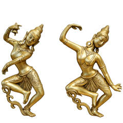 Brass dancing Shiva-Parvati statue pair, side poses, arched arms, detailed ornaments