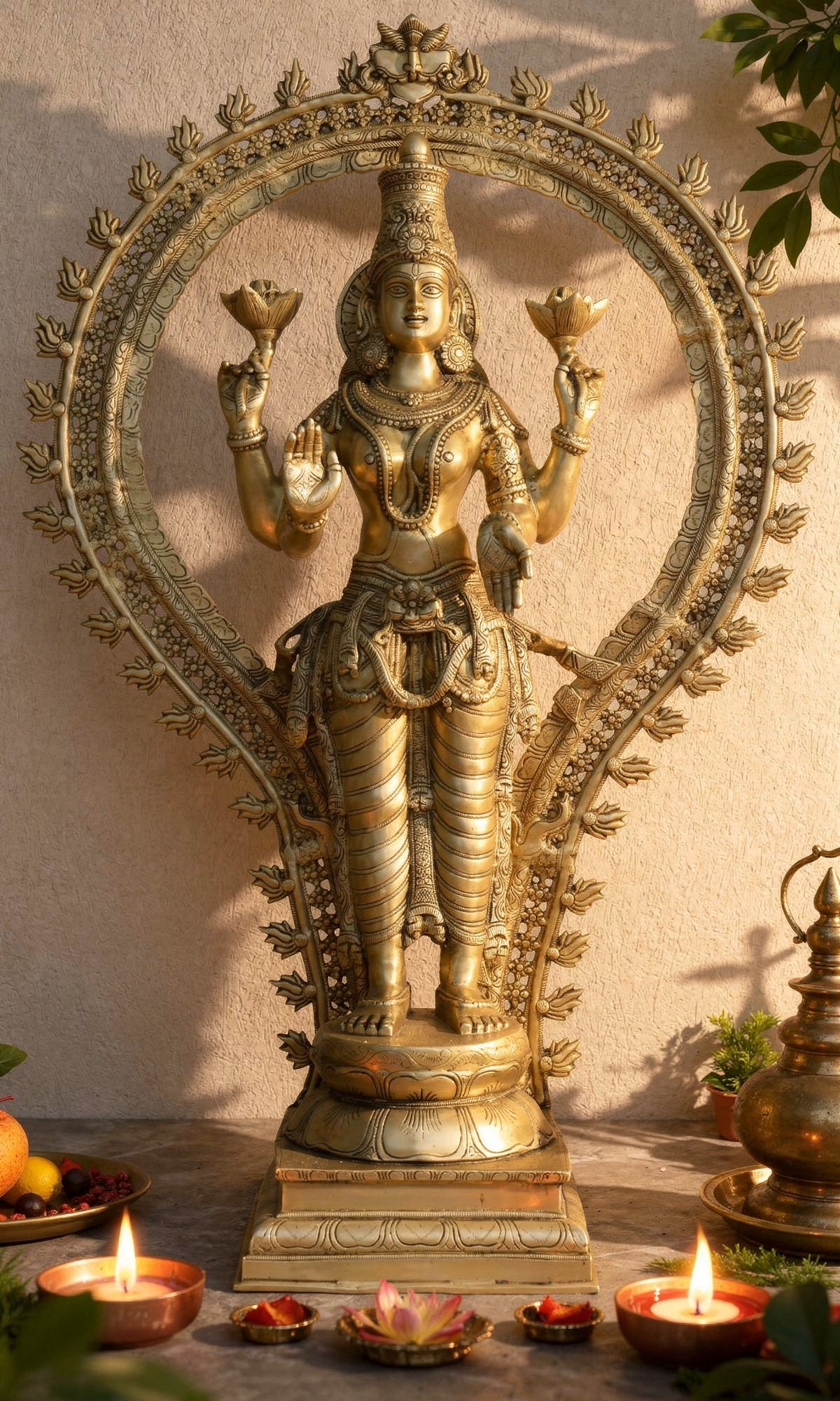 Brass Lakshmi idol with floral aureole halo, four arms holding lotus, 40 inch height
