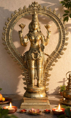 Brass Lakshmi idol with floral aureole halo, four arms holding lotus, 40 inch height