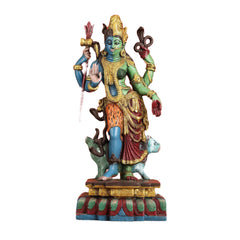 Brass Ardhanarishwara murti: blue deity with gold crown, four arms, hand-painted