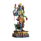 Brass Ardhanarishwara murti: side view, blue deity with trident, raised hands, painted