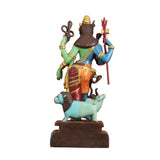 Brass Ardhanarishwara murti: 3/4 rear view, painted robe and trident on pedestal