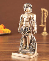 Brass Jain god standing statue, detailed arms and robe carvings, on square base
