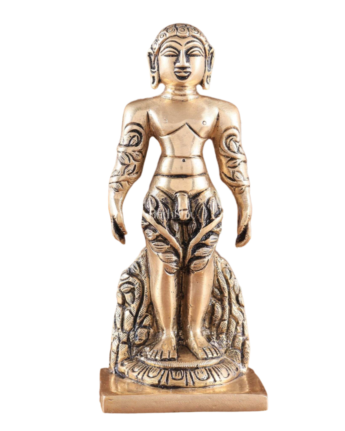 Brass Jain god standing statue, ornate carved detailing, 6 inch height