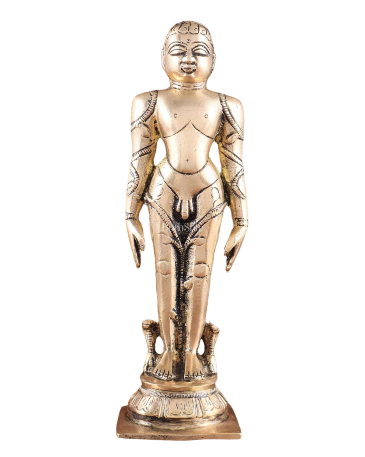 Brass Mahavir Ji Jain standing statue, front view, 8 inches tall