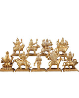 Brass Nav Durga idol set, close side angle of Durga figures on horsebacks