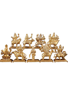 Brass Nav Durga idol set, close side angle of Durga figures on horsebacks