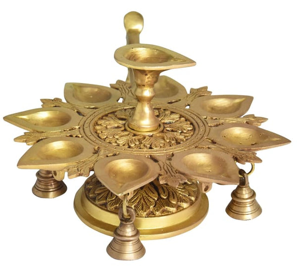 Brass Table Decor 9 Wicks Deepak (Height: 6 Inches) Study Setting