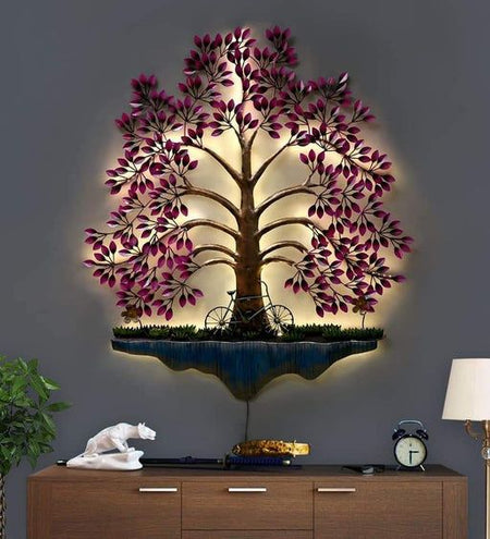 Iron Pink Spring Tree Wall Art with LED lights (Height: 50 Inches)