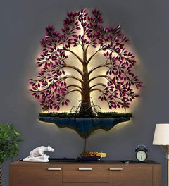 LED lit iron spring tree wall art with pink leaf accents and arched branches