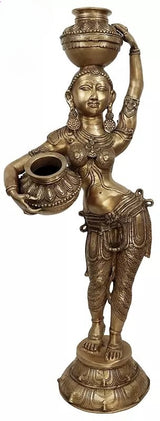 Large brass lady statue holding a pot and milk jug, ornate jewelry, 44-inch height