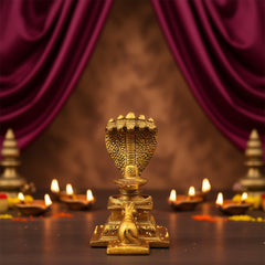 Gold brass Shiv linga with Nandi figure on ornate base, front view
