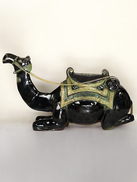 Brass Large Black and Green Sitting Camel Sculpture (Height :64 Inches)