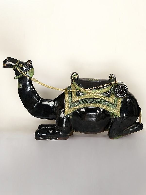 Brass Large Black and Green Sitting Camel Sculpture (Height :64 Inches)