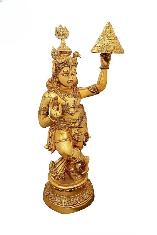 Brass Large Shri Krishna Lifting Govardhana Mountain Sculpture (Height: 47 Inches) Study Setting