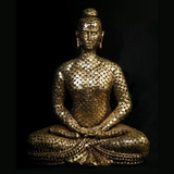Seated Buddha sculpture in brass leaf mosaic, detailed face and lotus pose