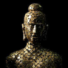 Brass leaf-mosaic Buddha sculpture, rear view with textured head and shoulders