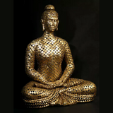 Golden brass leaf Buddha sculpture, seated lotus pose, front 3/4 view