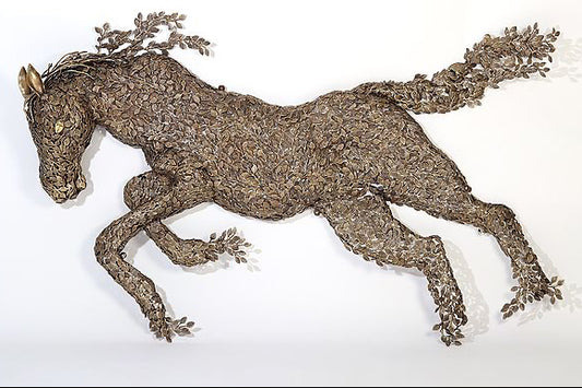 Brass Large Wall Hanging Galloping Horse Made of Leaves (Height :70 Inches)