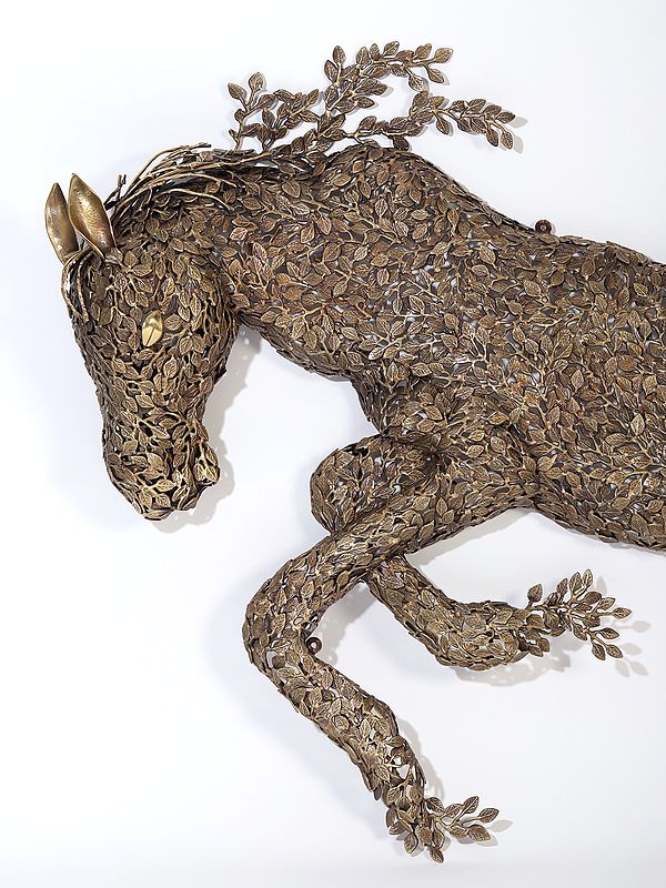 Brass Large Wall Hanging Galloping Horse Made of Leaves (Height :70 Inches) Study Setting
