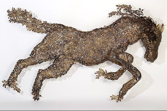 Brass Large Wall Hanging Galloping Horse Made of Leaves (Height :70 Inches)