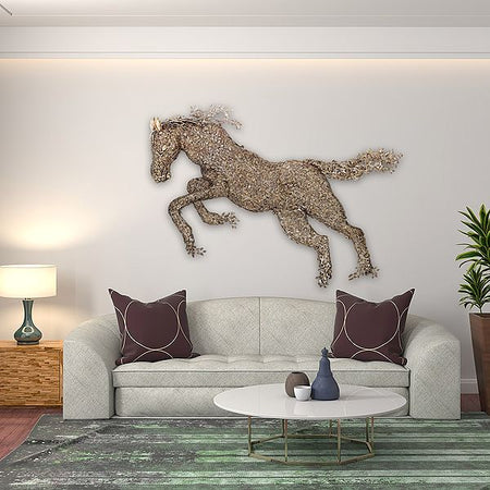 Brass Large Wall Hanging Galloping Horse Made of Leaves (Height :70 Inches)