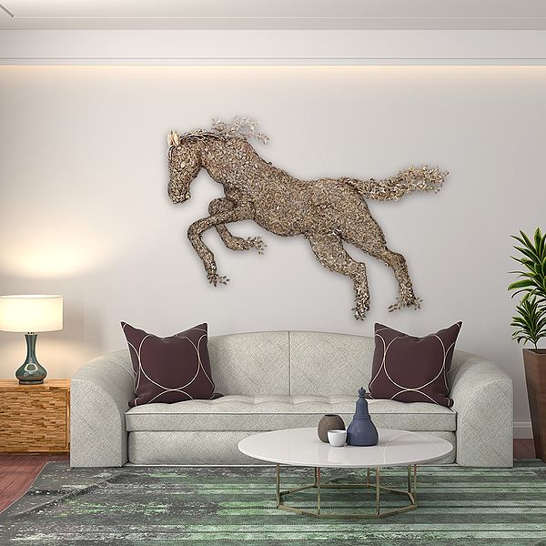 Brass Large Wall Hanging Galloping Horse Made of Leaves (Height :70 Inches)