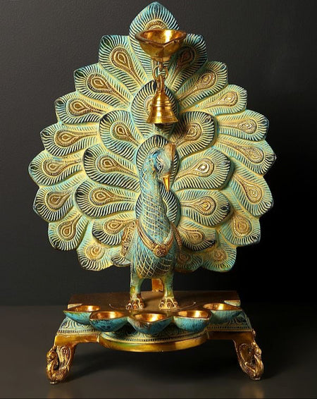 Brass Peacock Six Wicks Oil Lamp with Hanging Bell (Height : 14 Inches)