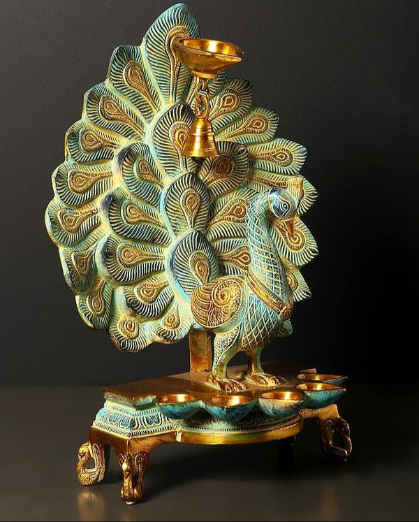 Brass Peacock Six Wicks Oil Lamp with Hanging Bell (Height : 14 Inches)