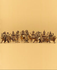 Brass Navadurga idol lineup, multiple deities on bases, 9.25 in height