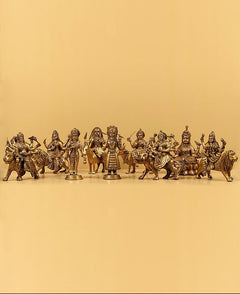 Brass Navadurga idol lineup, multiple deities on bases, 9.25 in height