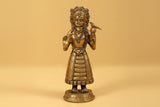 Brass Navadurga deity idol standing with raised arm, ornate crown and jewelry