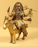 Brass Navadurga idol riding bull, deity holding trident and raised symbols