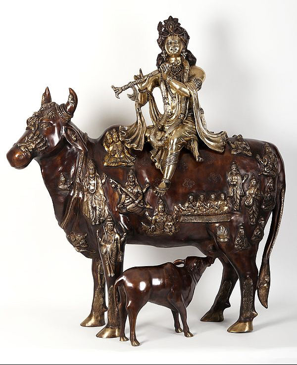 Large Brass Fluting Krishna Idol Sitting on Cow Idol (Height:42 Inches)