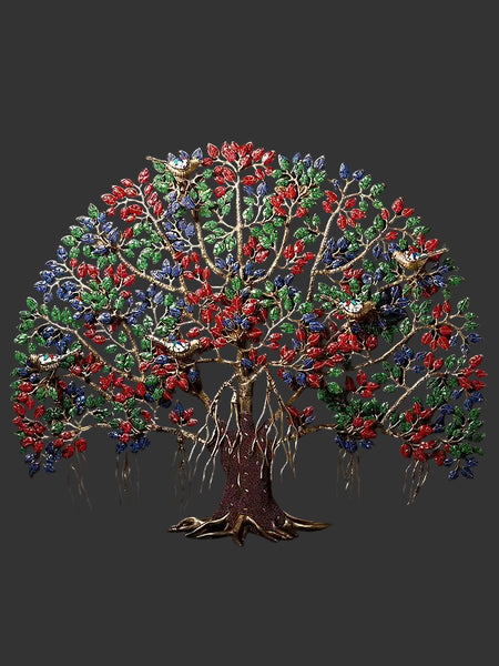 Large Brass Tree of Life with Colorful Inlay Work & Chirping Birds | Decorative Tree Sculpture for Home & Office Décor (Height: 27.7 Inches)