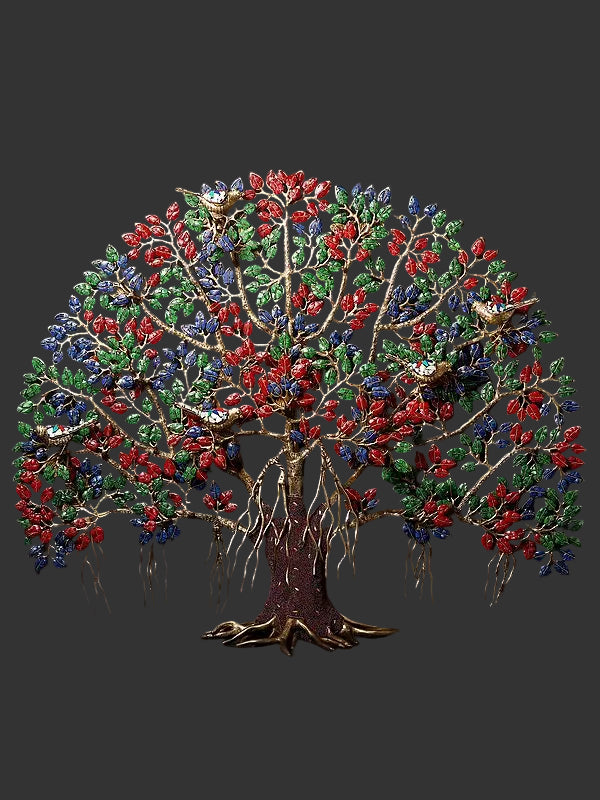 Large Brass Tree of Life with Colorful Inlay Work & Chirping Birds | Decorative Tree Sculpture for Home & Office Décor (Height: 27.7 Inches)