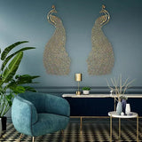 Pair of brass peacock wall ornaments with long tail, intricate looped detailing