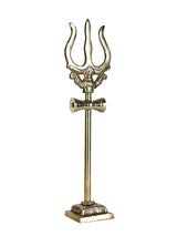 Brass trishul ornament with three-prong top, crossbar center, on flared base.