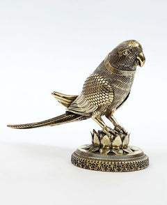 Brass parrot statue, detailed feathers, lotus-style base, 6.5 in tall