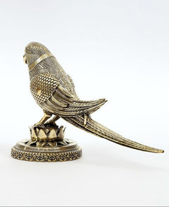 Small brass parrot statue, back angle showing tail and lotus base, 6.5 in