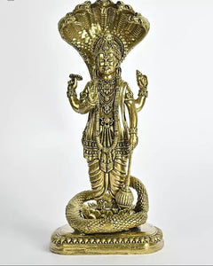 Brass Lord Vishnu standing idol, 6-inch height, decorative crown and raised hands